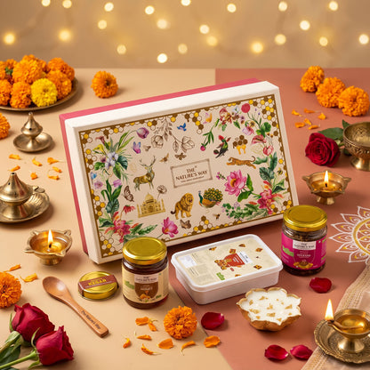 The Nature's Way gift box, jars of gulkand and honey, and a tin of sweets Diwali Gift | Best Corporate gift hampers
