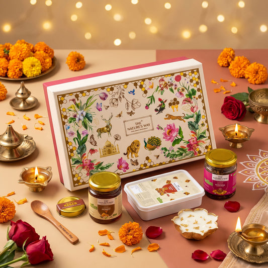 The Nature's Way gift box, jars of gulkand and honey, and a tin of sweets Diwali Gift | Best Corporate gift hampers