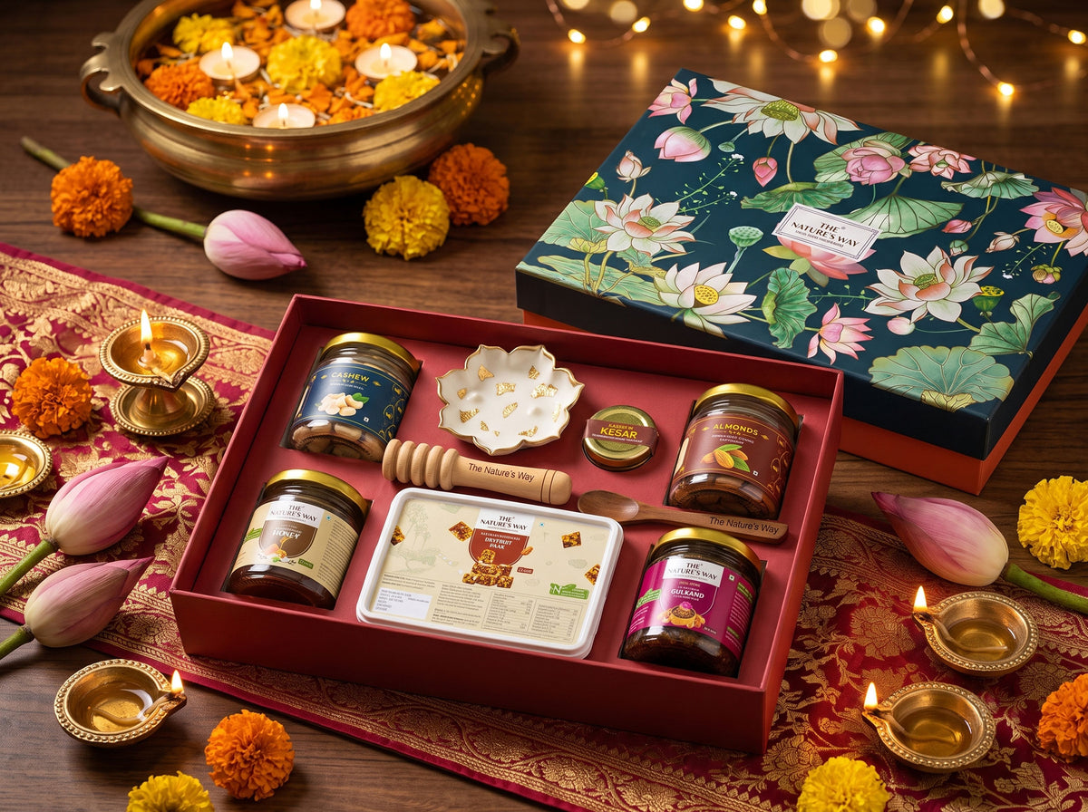 Samriddhi premium gift hamper with honey gulkand Kashmiri kesar dry fruits and festive gifts