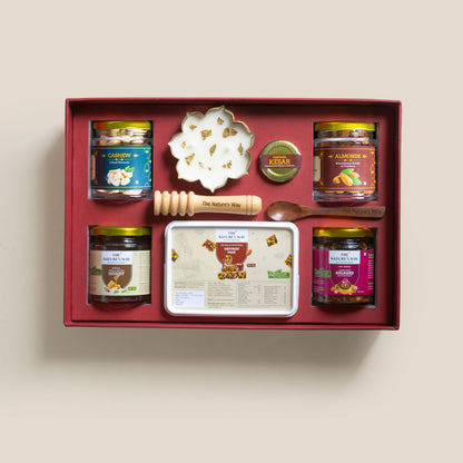 Samriddhi gift hamper contents including vanilla infused honey dry fruit gulkand kesar almonds and cashews