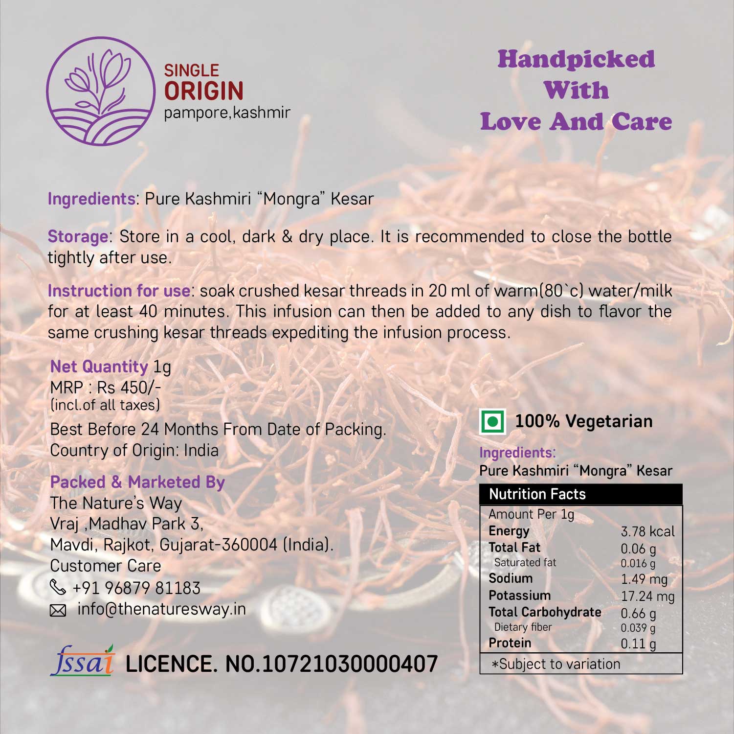 Kashmiri Kesar whole Mongra Threads 1g | The Natures Way